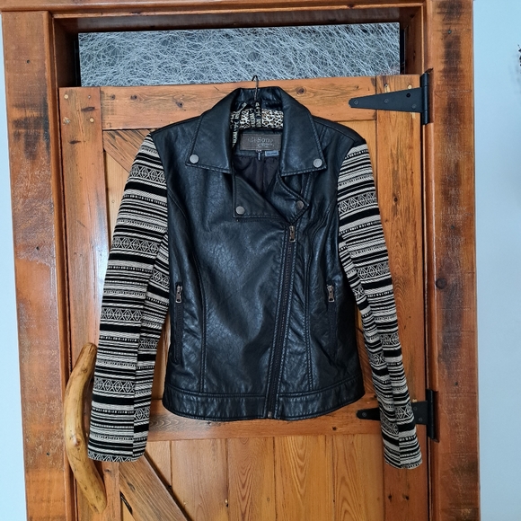 Faux Leather Moto Jacket with Knit Sleeves - Picture 6 of 14